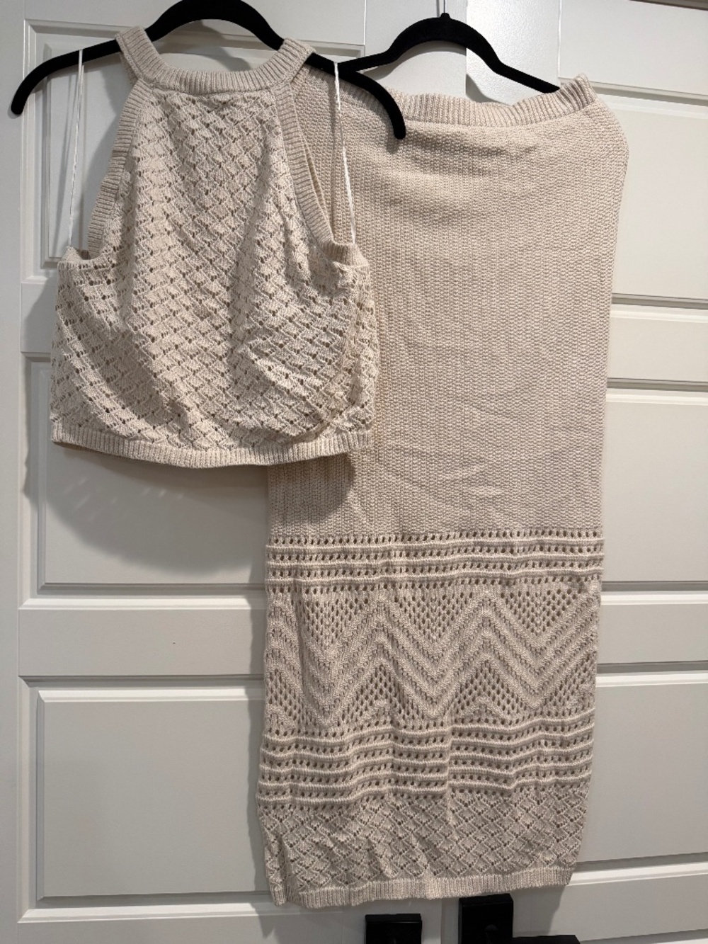 Cream Crochet Knit Two-Piece Top & Midi Skirt Set